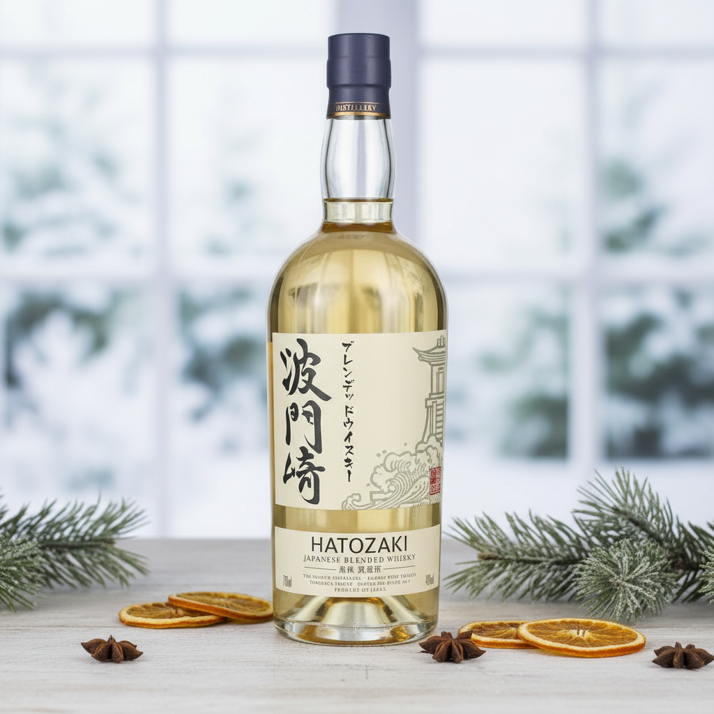 Hatozaki Japanese Blended Whisky bottle on a light wooden surface with subtle festive spices and a soft winter backdrop.