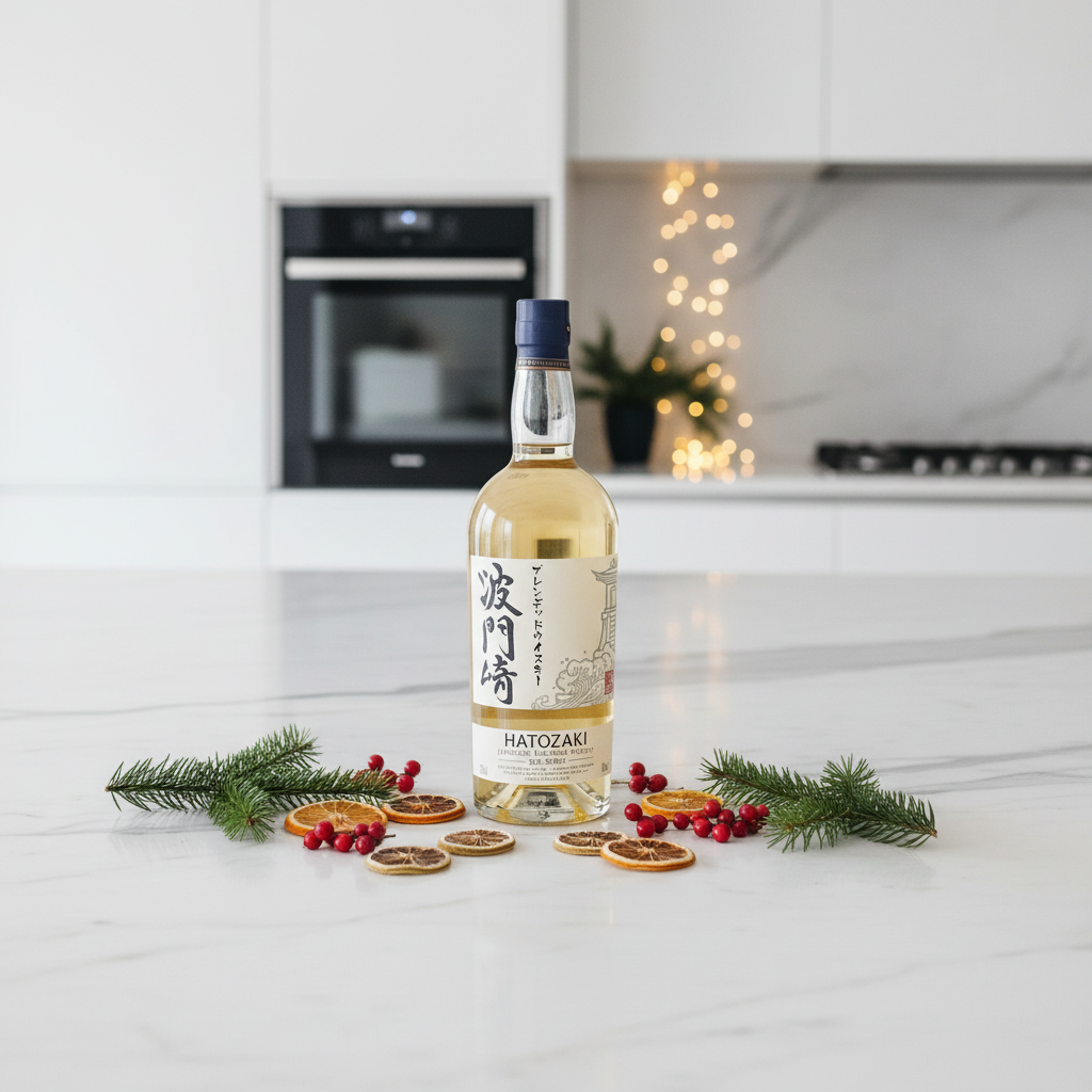 Hatozaki Japanese Blended Whisky bottle on a modern kitchen counter with subtle Christmas pine and warm festive lights.