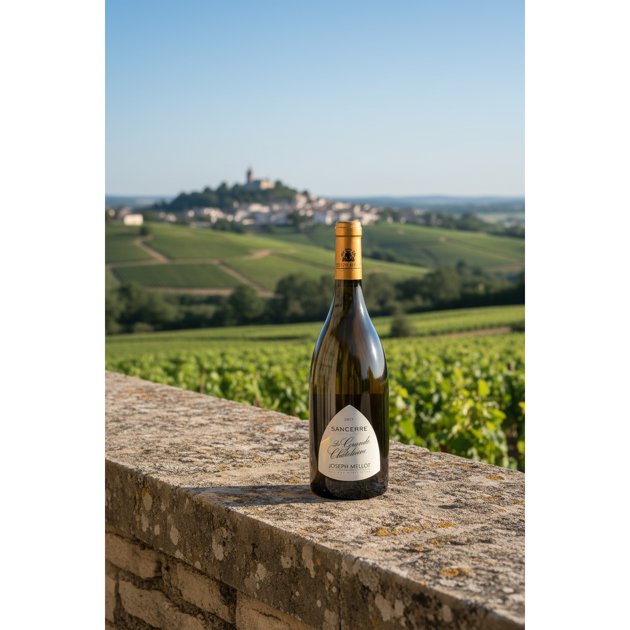 Joseph Mellot Sancerre La Grande Chatelaine wine bottle displayed on a limestone terrace overlooking the vineyards of Sancerre in the Loire Valley.