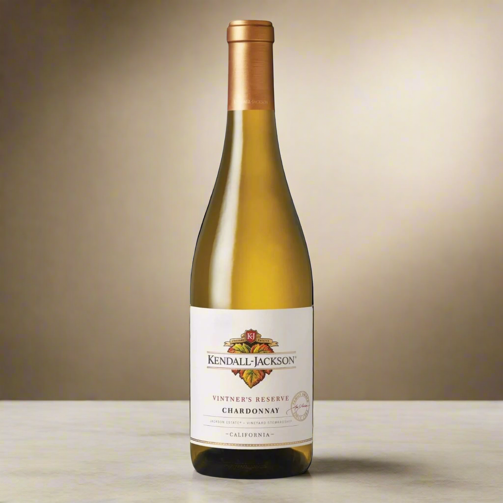 Kendall-Jackson Chardonnay bottle standing on a pale stone surface with diffused sunlight and a soft gradient backdrop. No props, just a clean, premium presentation.