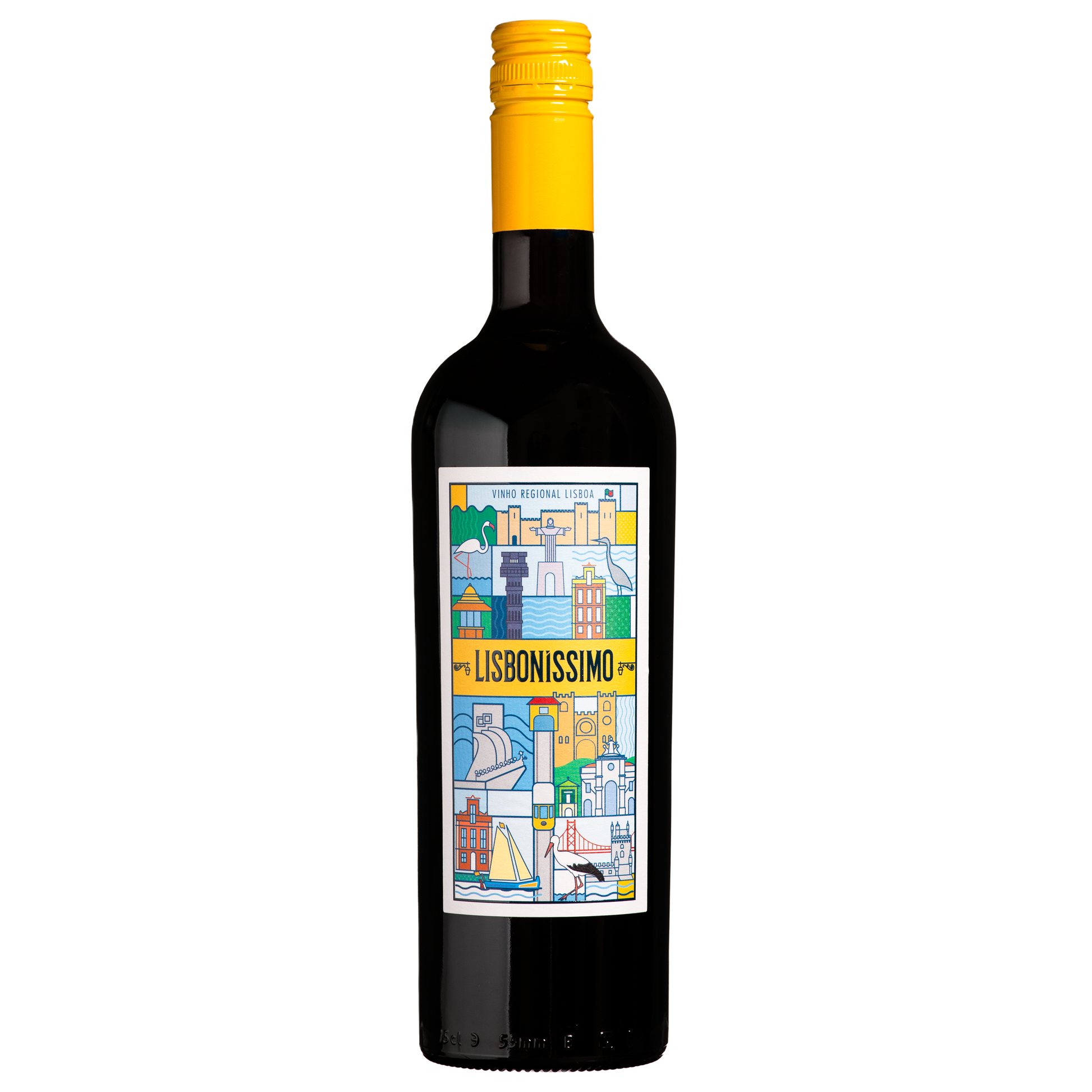 Wine bottle with a colorful label on a white background