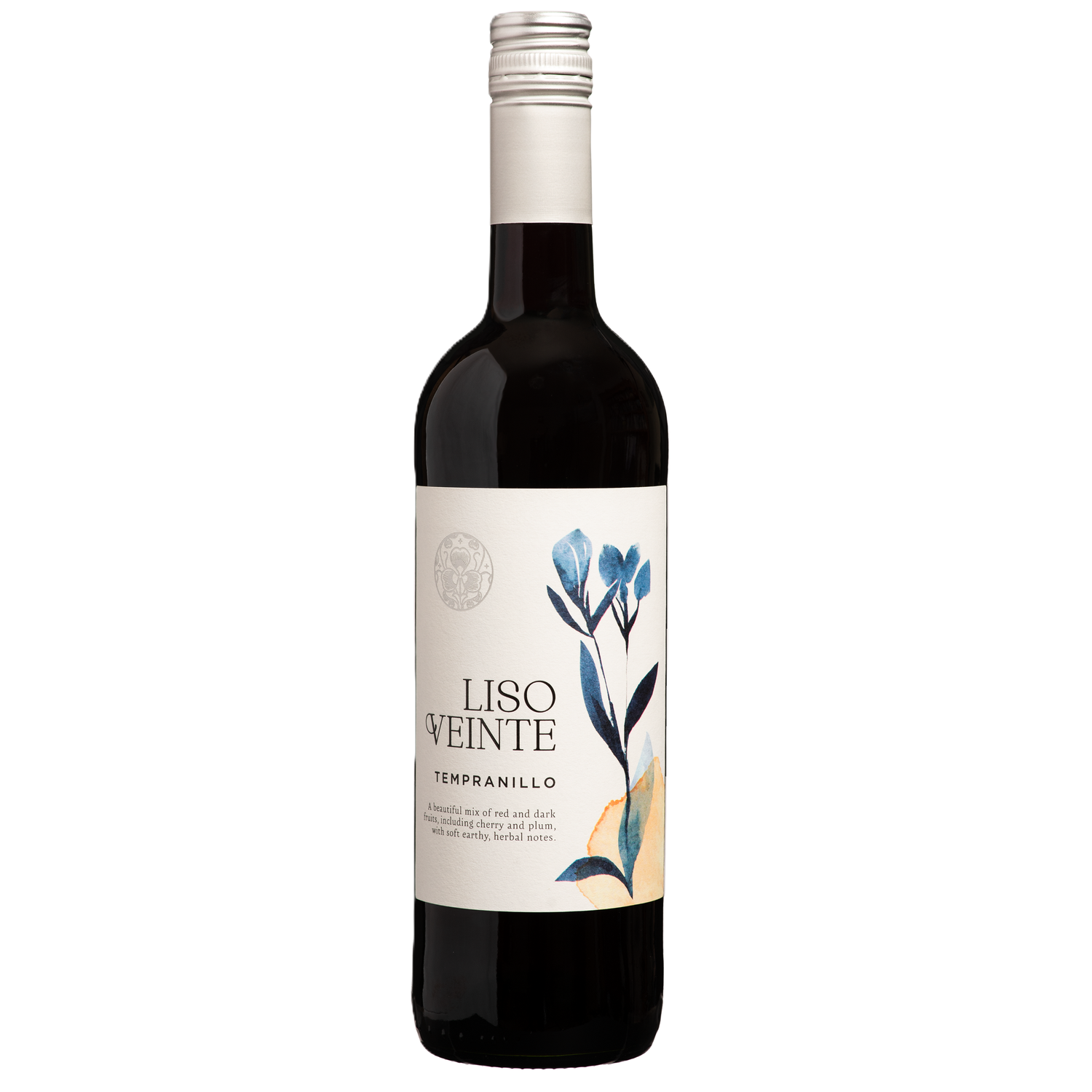Wine bottle with 'Liso Veinte Tempranillo' label on a white background