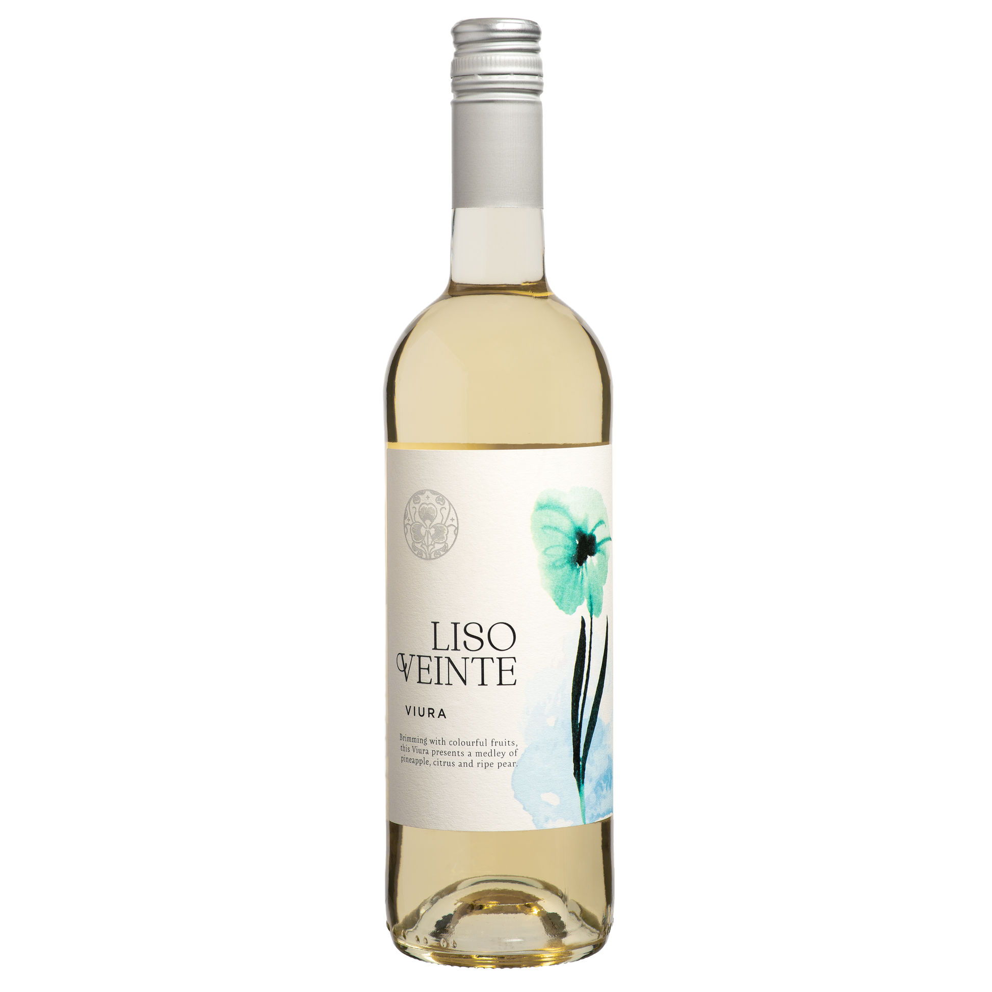 Bottle of Liso Veinte Viura white wine on a white background