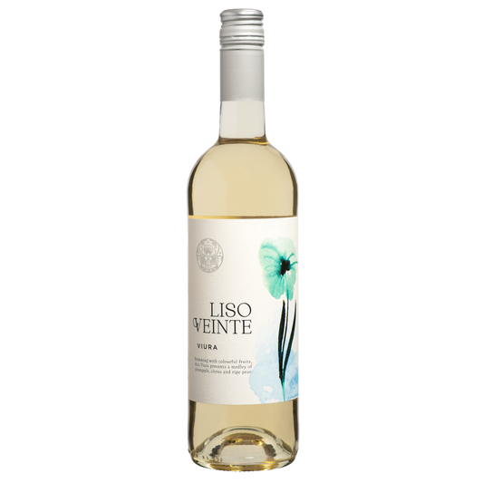 Bottle of Liso Veinte Viura white wine on a white background