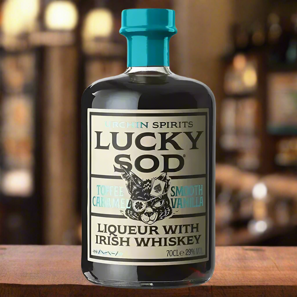 Rustic Irish Pub with Whimsical Touches
A cozy, rustic Irish pub setting with wooden beams, dark oak tables, and a softly lit atmosphere. A glass of Lucky Sod Irish Whiskey Liqueur sits next to a few Irish-inspired snacks like soda bread and cheese, with a bottle prominently displayed. The playful spirit of the name can be reflected with a subtle lucky charm or four-leaf clover.