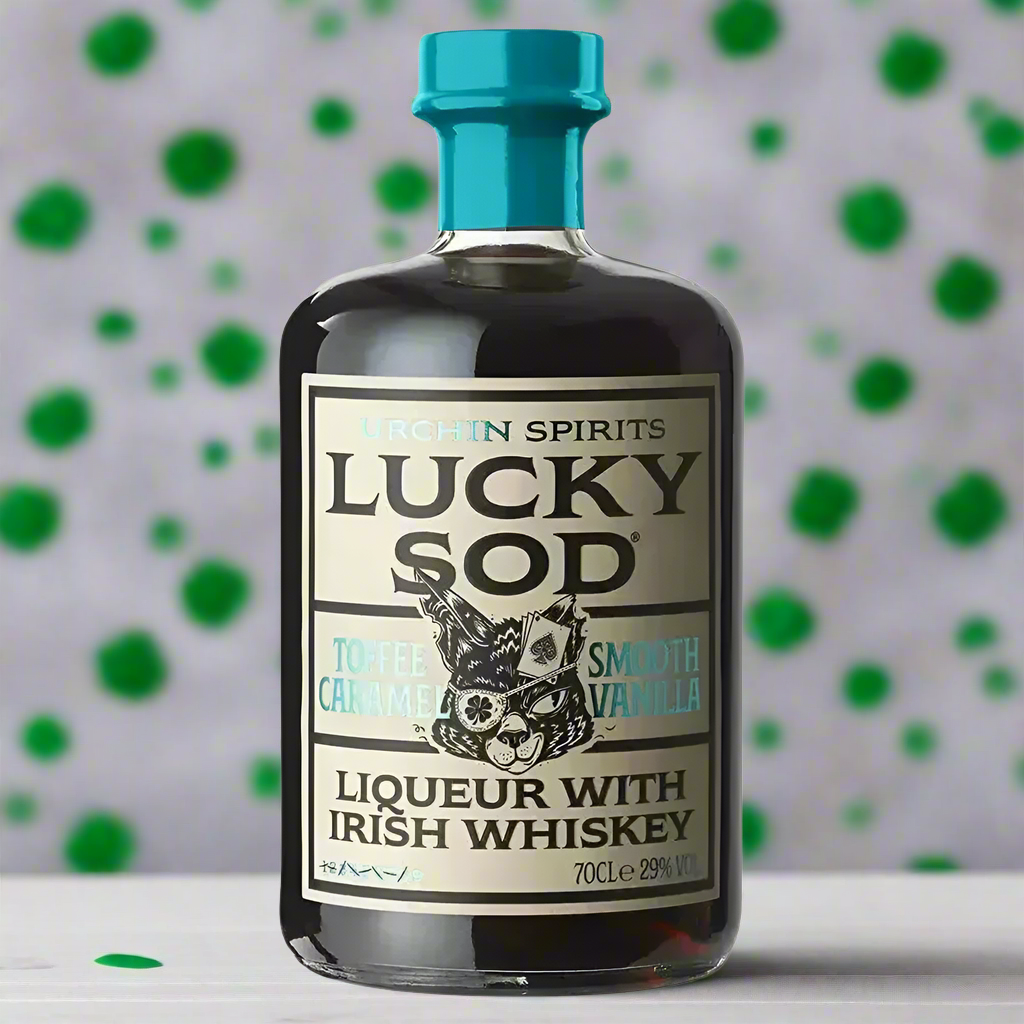 Lucky Sod Irish Whiskey Liqueur with shamrocks, golden whiskey, and cream burst.