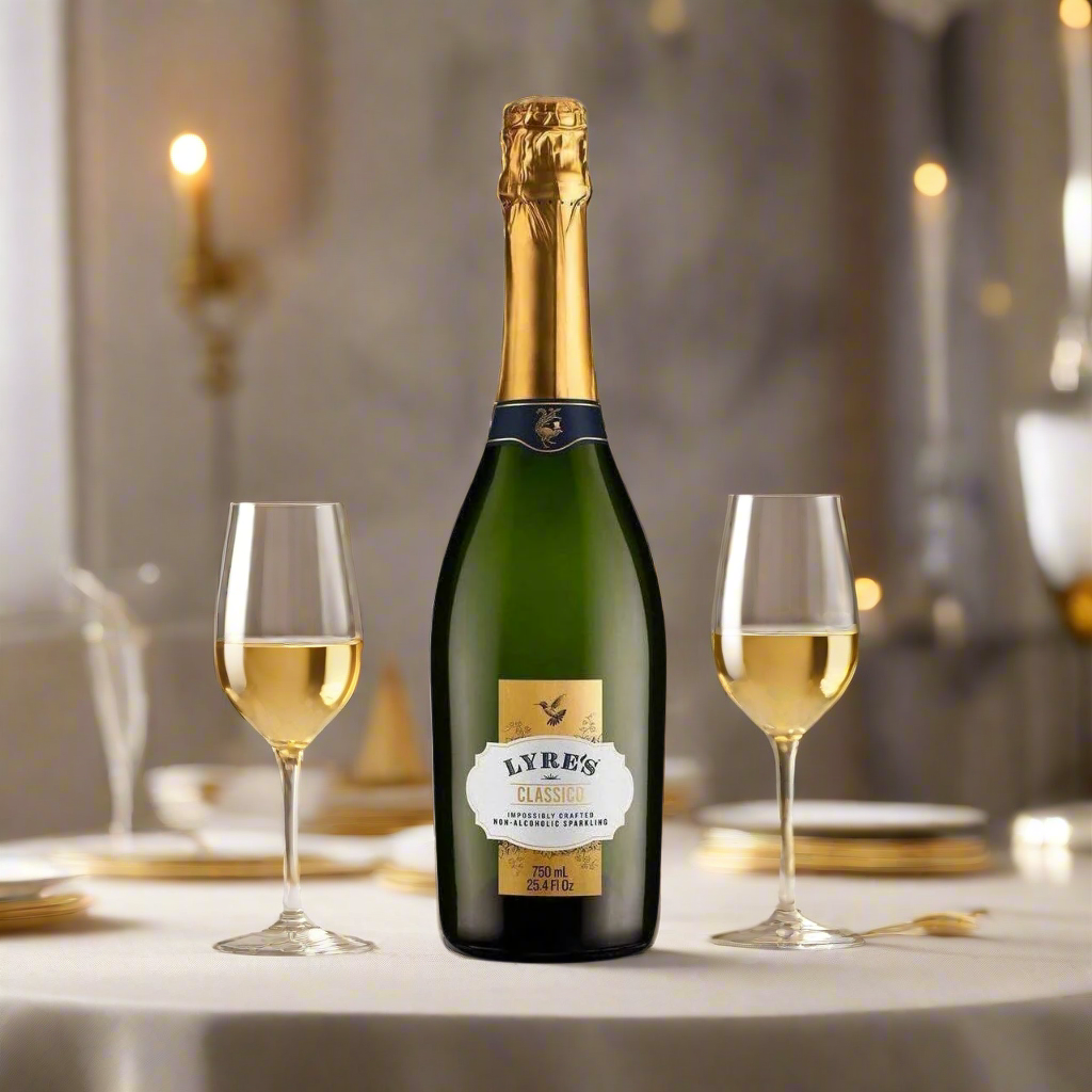 Chic Celebration Table with Sparkling Glasses
A stylish, modern table set for a celebration with glasses of sparkling Lyre’s Classico, surrounded by gold accents, candles, and delicate hors d'oeuvres. Soft, warm lighting creates an elegant, bubbly atmosphere—perfect for special occasions, without the alcohol.