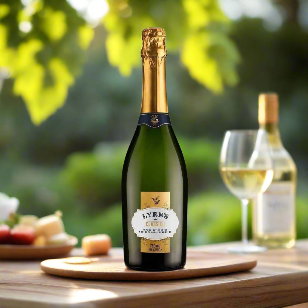 Outdoor Garden Toast at Sunset
A serene garden setting at sunset with a bottle of Lyre’s Classico, sparkling glasses, and a few friends enjoying the moment. The background features lush greenery and soft, golden light, evoking a relaxed yet celebratory mood for an alcohol-free sparkling experience.