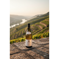 M. Chapoutier Condrieu Invitare 2022 wine bottle displayed on a terrace overlooking the terraced vineyards of Condrieu in the Rhône Valley.