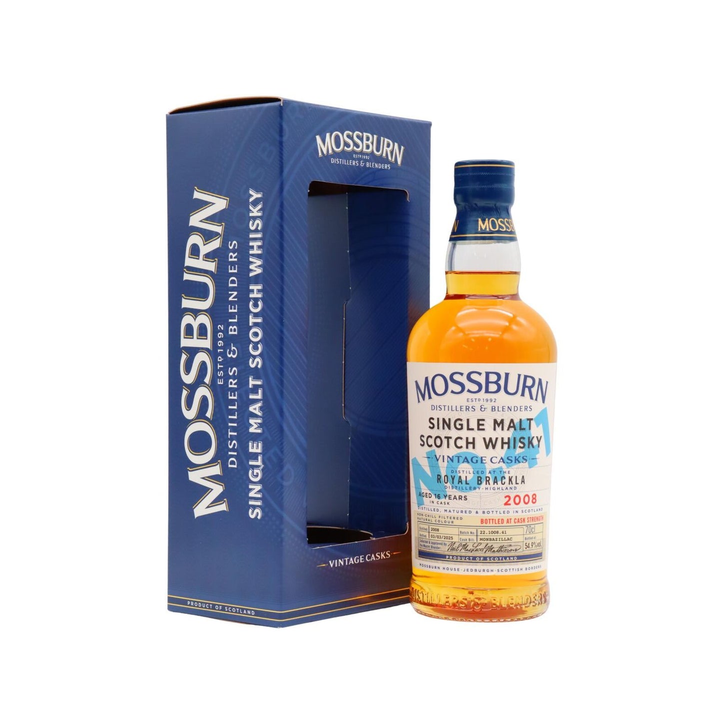 Mossburn single malt Scotch whisky bottle and packaging on a white background