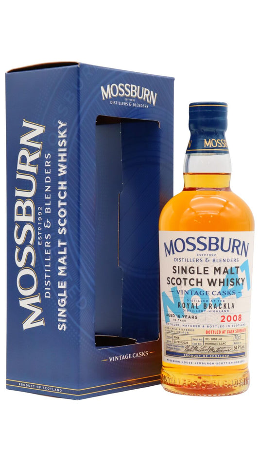 Mossburn single malt Scotch whisky bottle and packaging on a white background