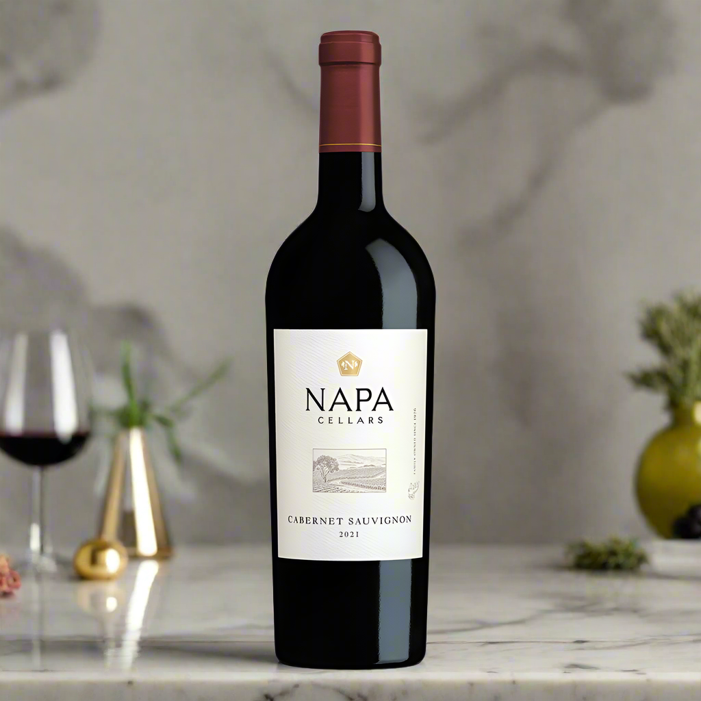 Cabernet Sauvignon bottle on kitchen island with bread, grapes and thyme.