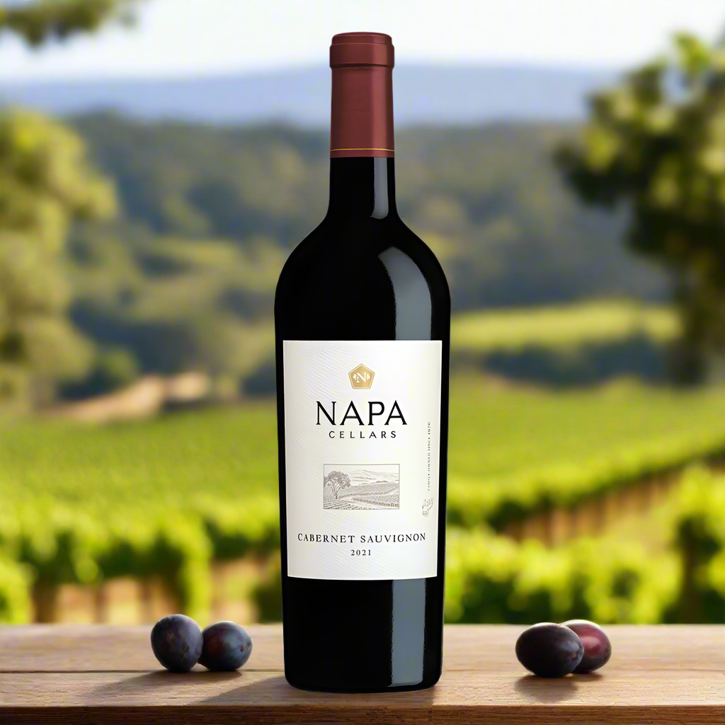 Napa Cellars Cabernet bottle on vineyard table with olives, figs and herbs.
