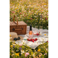 One4One Sparkling Rosé 200ml mini bottle displayed on a summer picnic blanket with berries and sparkling wine glasses.