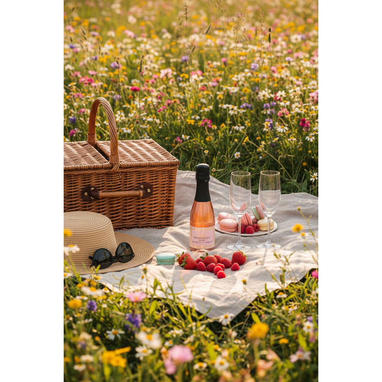 One4One Sparkling Rosé 200ml mini bottle displayed on a summer picnic blanket with berries and sparkling wine glasses.