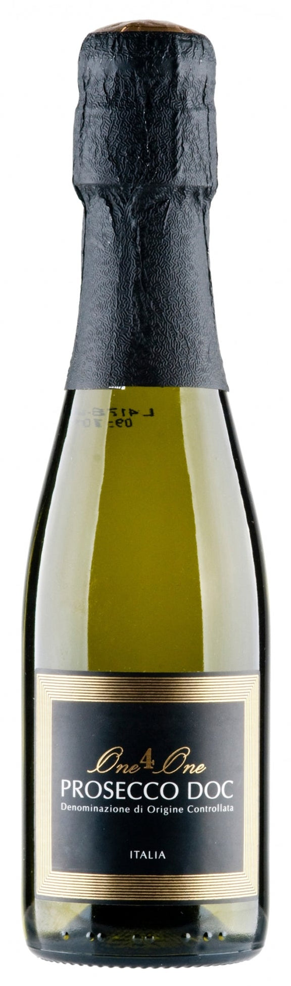 Bottle of One4One Prosecco DOC with a black label on a white background