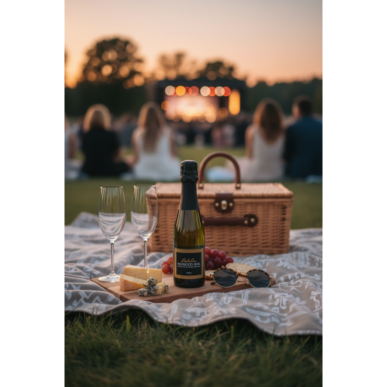 One4One Prosecco 200ml mini bottle displayed on a summer picnic blanket at an outdoor concert with picnic food and sparkling wine glasses.