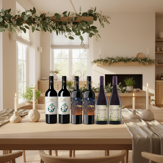 Naturally Merry Christmas Organic Reds 12 Bottle Wine Case on modern festive table with greenery and candles.