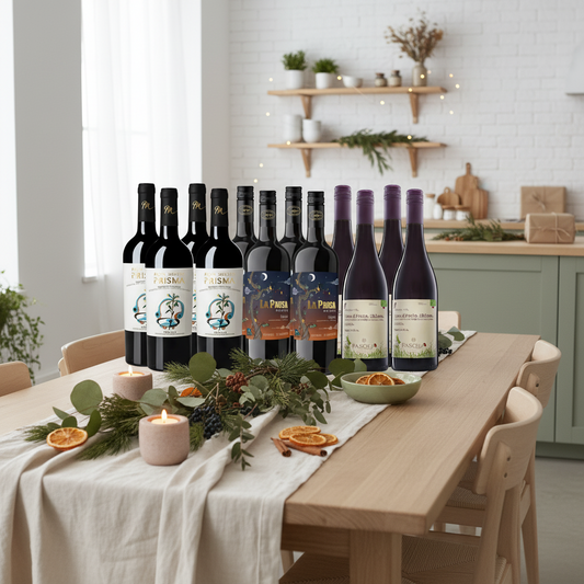 Naturally Merry Christmas Organic Reds 12 Bottle Wine Case on modern festive table with greenery and candles.