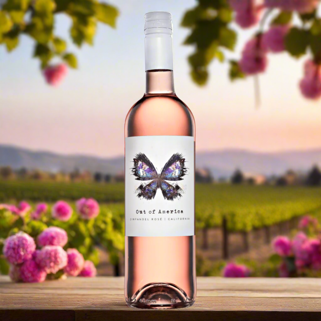Late afternoon in a sun-soaked Californian vineyard, a bottle of rosé on a wooden barrel among Zinfandel vines, pink sky, and blooming wildflower