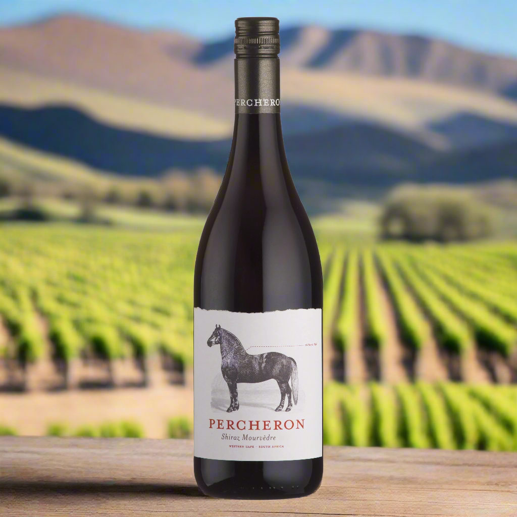 Place a bottle of Percheron Shiraz & Mourvèdre on a weathered wooden table with vast vineyard rows and sun-kissed South African hills in the background.