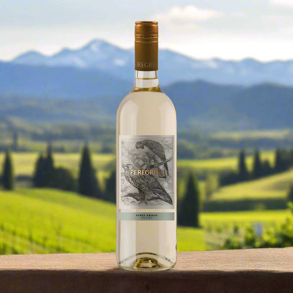Peregrino Pinot Grigio bottle with Chilean vineyards and Andes mountains in the background.