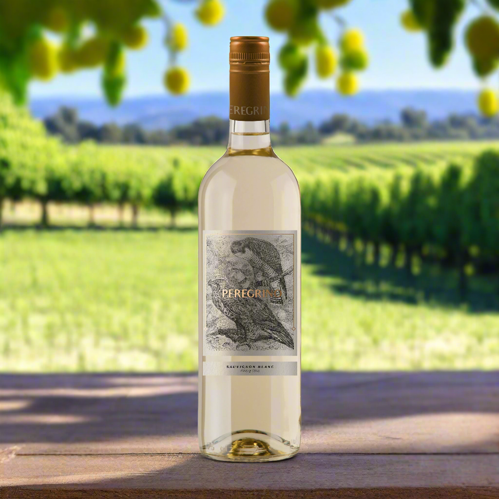 Peregrino Sauvignon Blanc bottle on rustic table with vineyard backdrop.