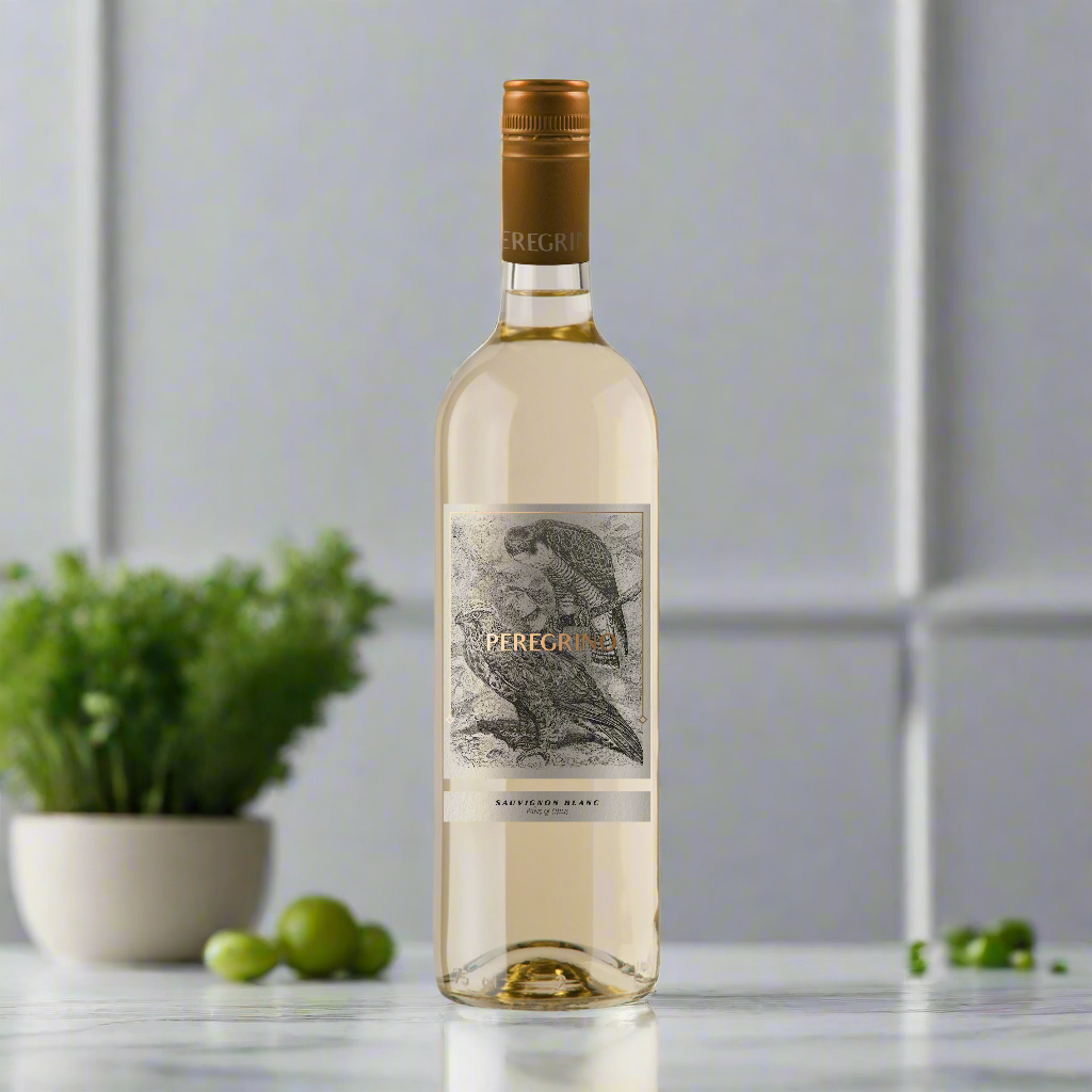 Peregrino Sauvignon Blanc bottle on marble kitchen counter with fresh lime and herbs.