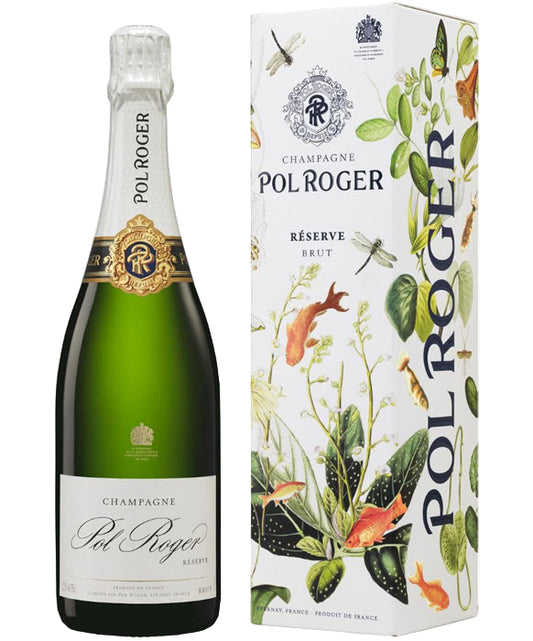 Pol Roger champagne bottle and gift box on a white background