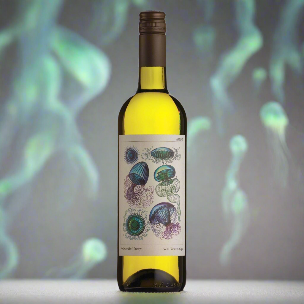 Primordial White Blend bottle with glowing jellyfish and abstract ocean-inspired light.