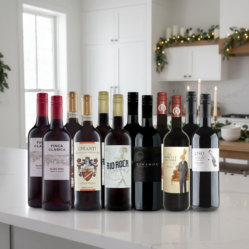 Festive Essentials Value Red Wine 12 Bottle Case on bright modern kitchen counter with festive greenery.