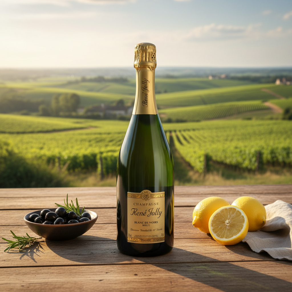 René Jolly Blanc de Noirs Brut Champagne NV bottle on a vineyard terrace with vines in the background.