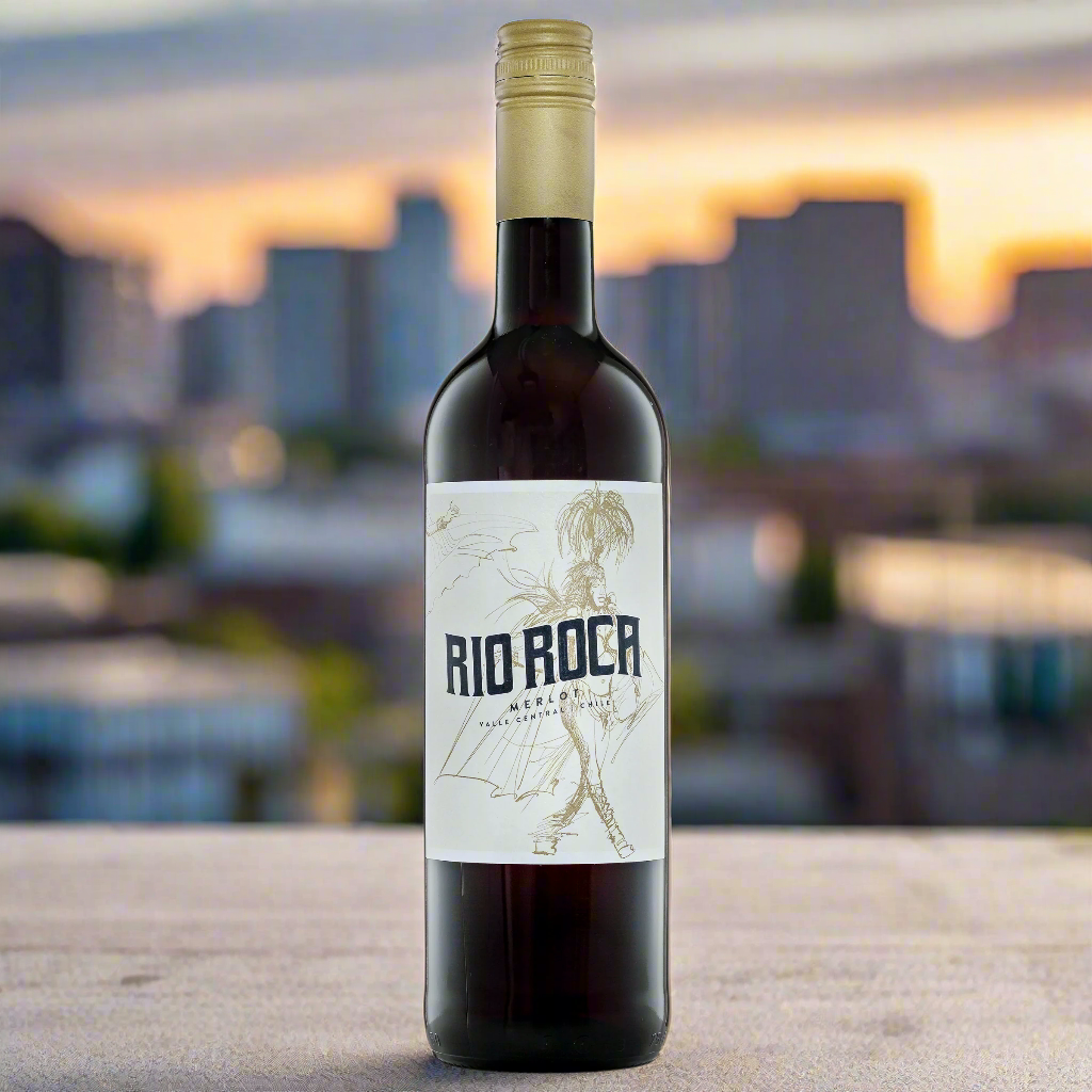 Rio Roca Merlot bottle on rooftop terrace 