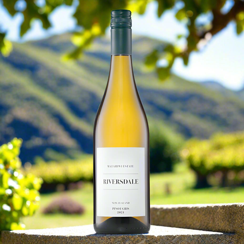 Pinot Gris bottle on vineyard terrace.