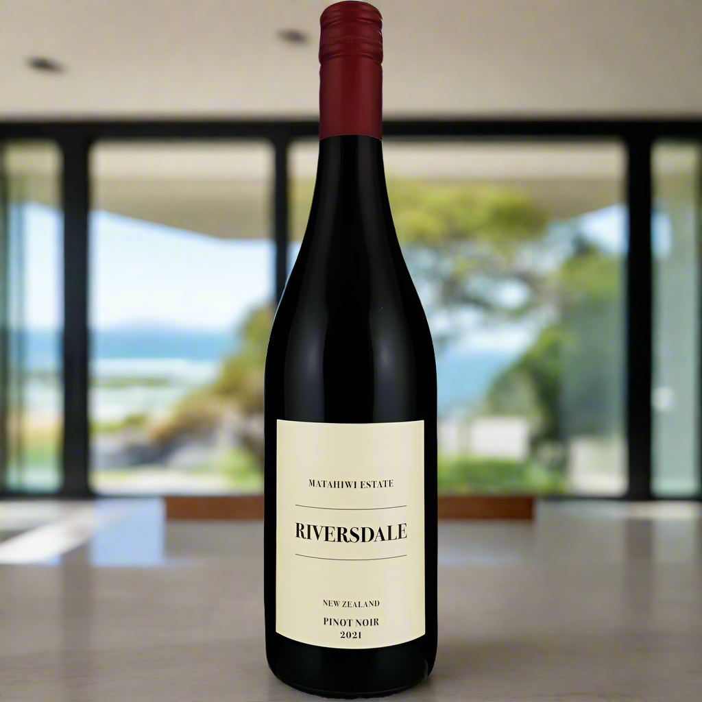 Riversdale Estate Bottled Pinot Noir bottle in New Zealand  coastal kitchen setting
