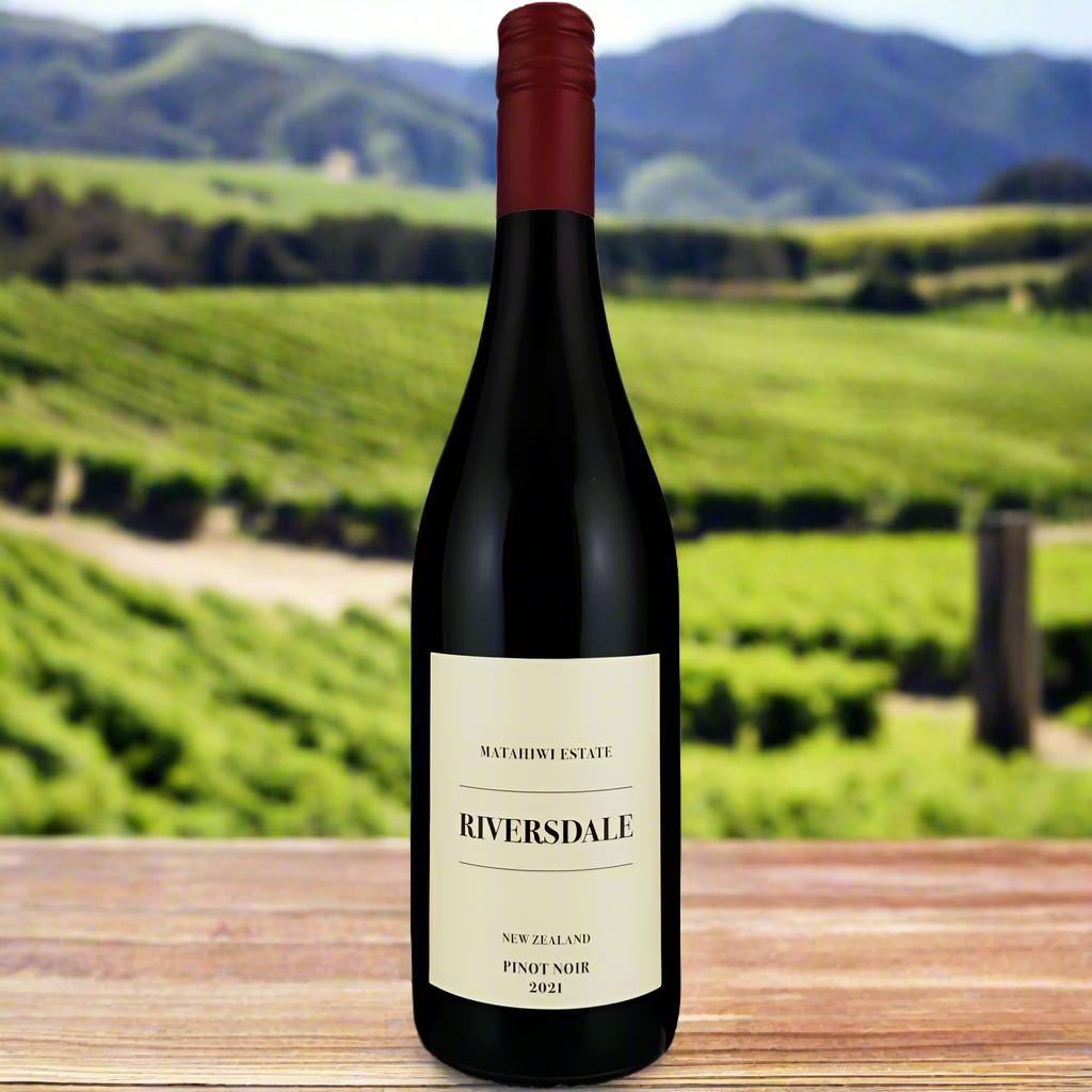 Riversdale Estate Bottled Pinot Noir bottle in New Zealand vineyard