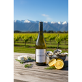 Riversdale Sauvignon Blanc bottle displayed overlooking Marlborough vineyards with fresh seafood and sunshine.