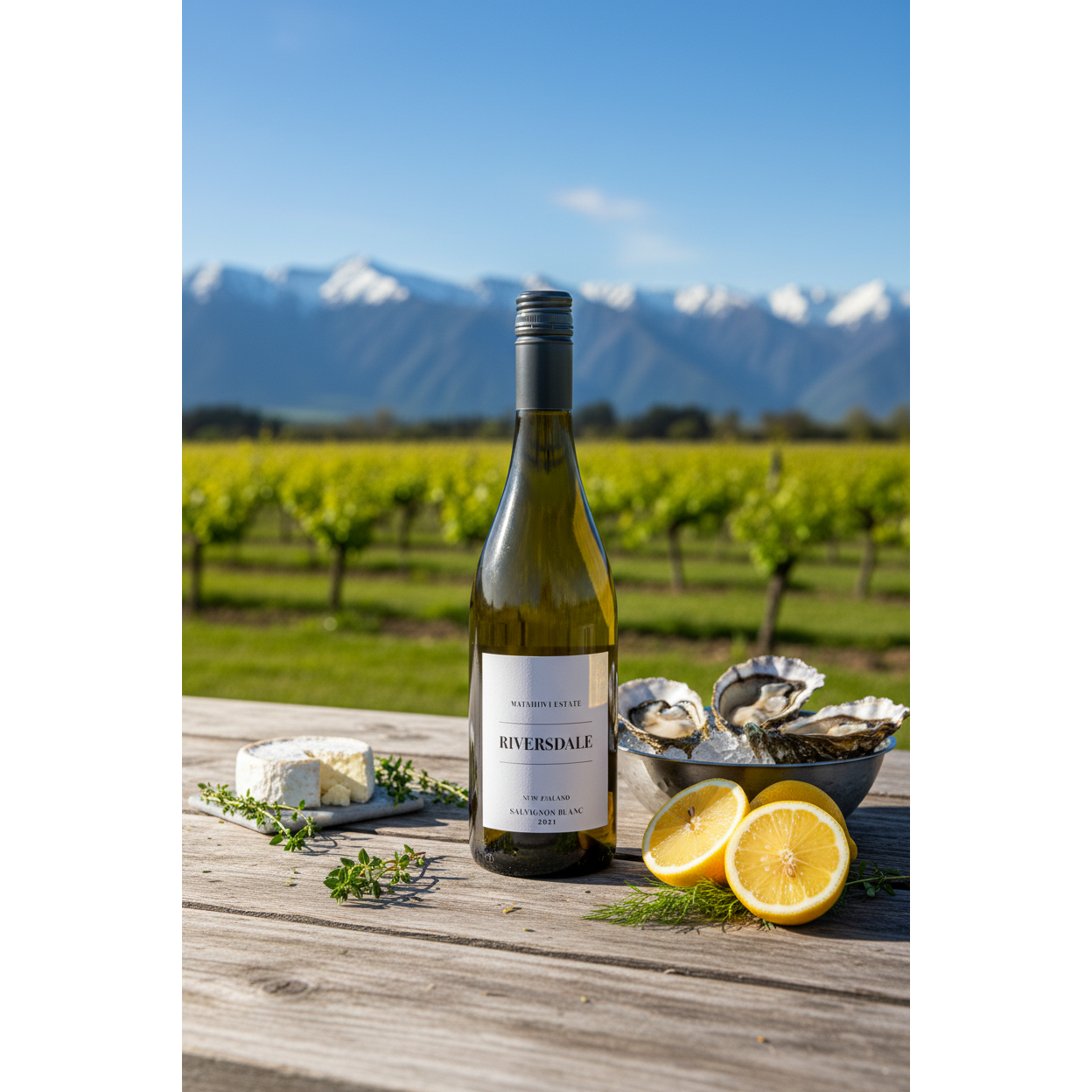 Riversdale Sauvignon Blanc bottle displayed overlooking Marlborough vineyards with fresh seafood and sunshine.