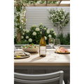 Riversdale Sauvignon Blanc bottle displayed on a modern garden dining table with fresh seafood and summer salads.