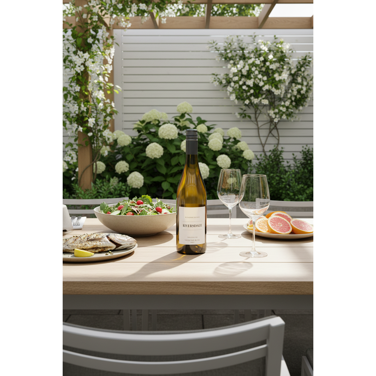 Riversdale Sauvignon Blanc bottle displayed on a modern garden dining table with fresh seafood and summer salads.