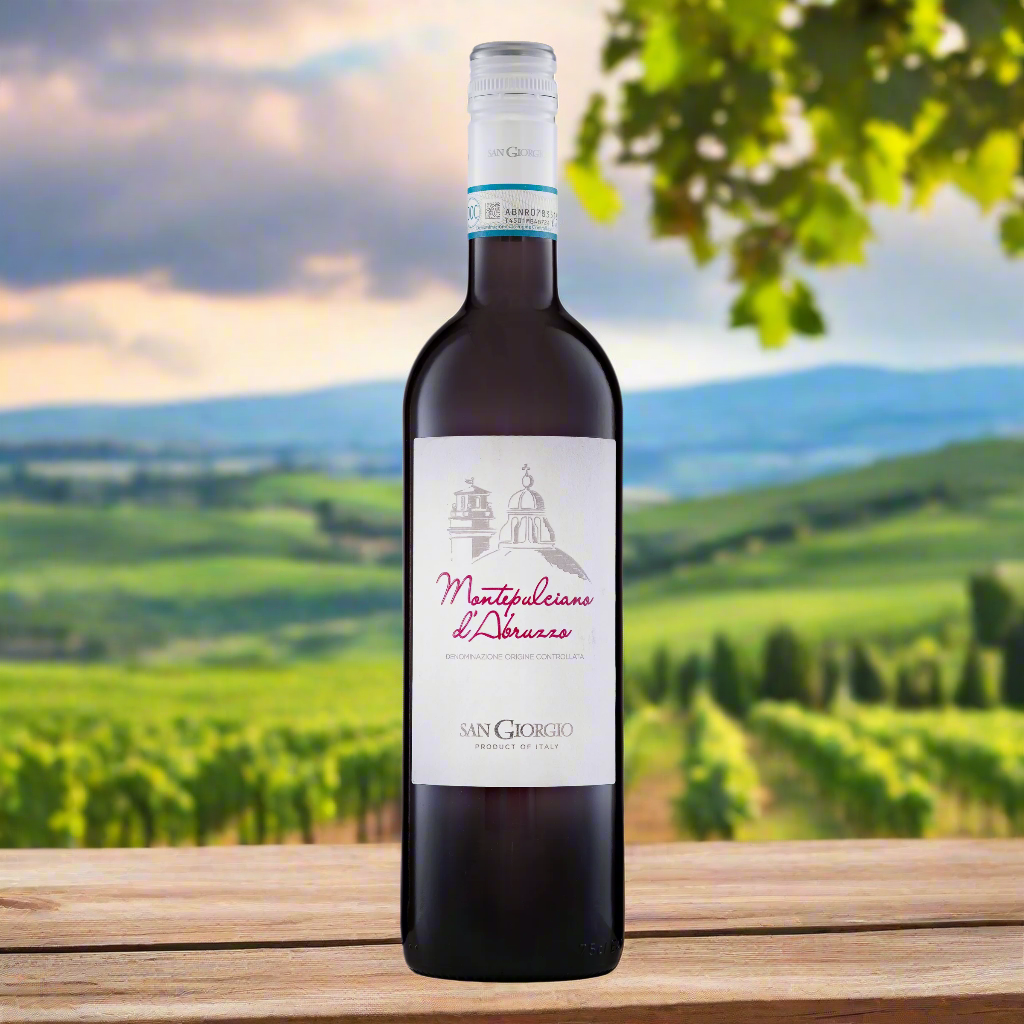 Bottle of San Giorgio Montepulciano d’Abruzzo with vineyard backdrop and warm golden light.