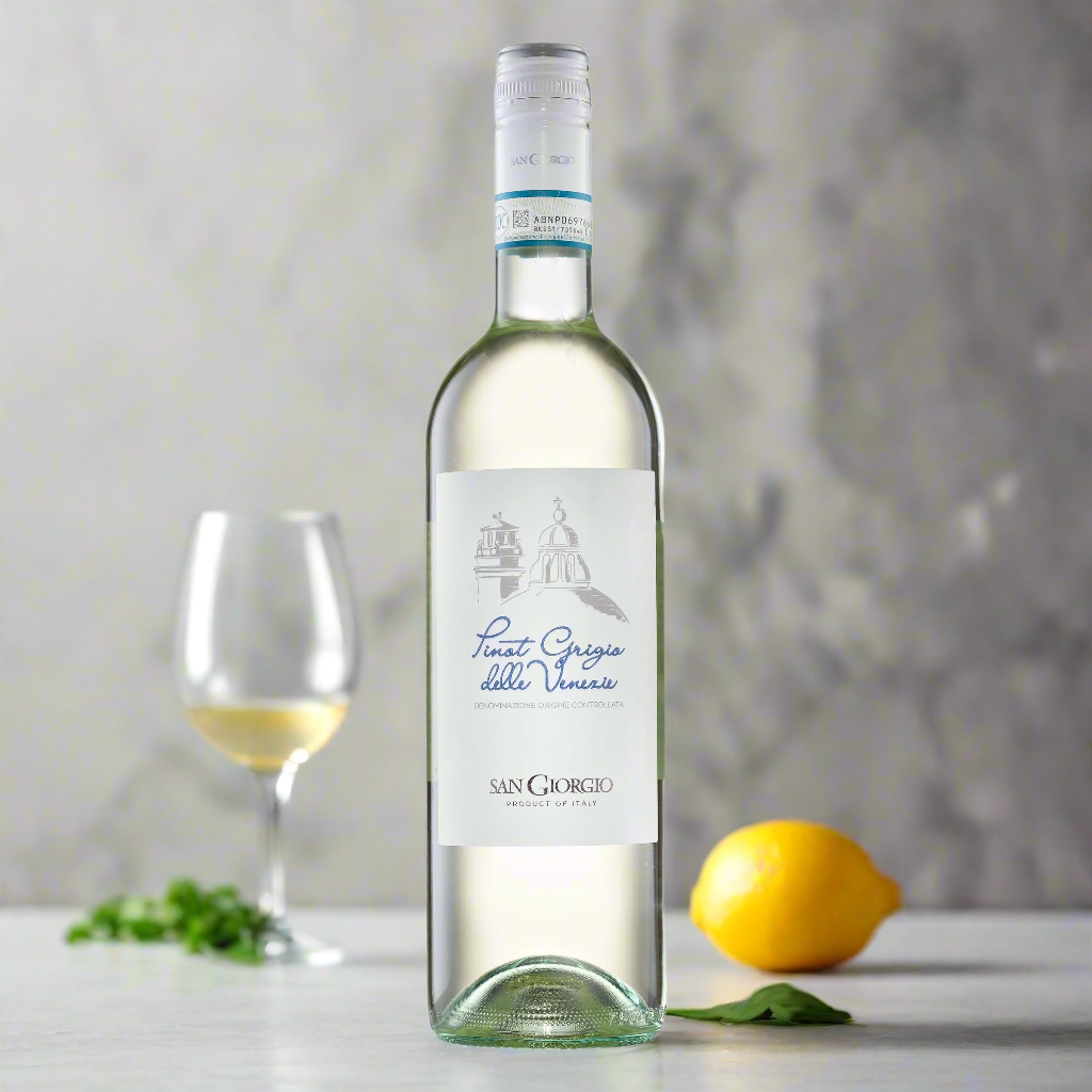 A clean, modern kitchen scene with sunlight streaming in, a bottle of San Giorgio Pinot Grigio on the counter beside lemons, herbs, and a seafood salad. Perfect for highlighting its food-friendly, zesty appeal.