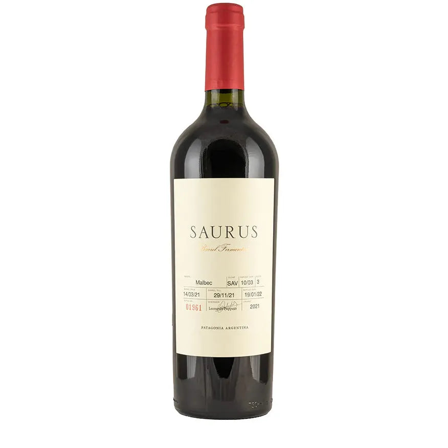 A bottle of Saurus Barrel Fermented Malbec wine on a white background