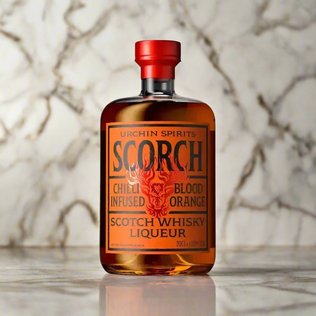 Scorch Scotch Whisky Liqueur with caramel and oak burst on marble counter.