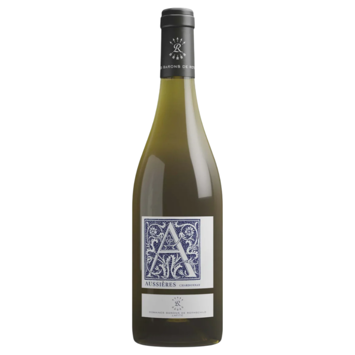 A bottle of Aussiéres Chardonnay on a white background