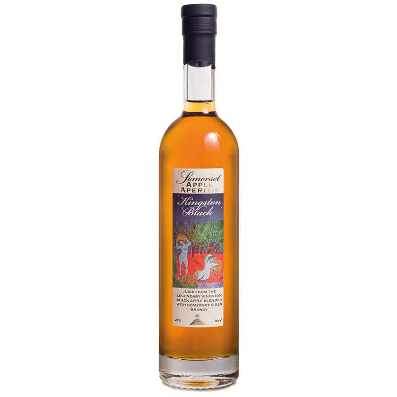 Bottle of Kingston Black brandy with a colorful label on a white background