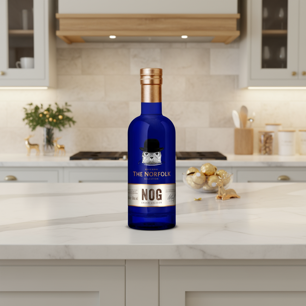 The Norfolk Nog Cream Liqueur on modern marble kitchen counter with festive greenery and warm soft light.