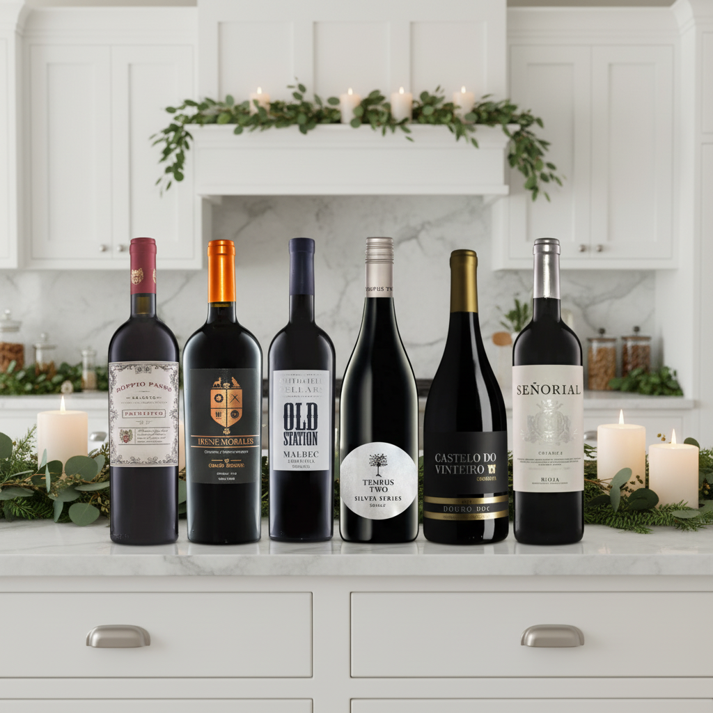 Christmas Big Reds 6 Bottle Wine Case on marble counter with elegant festive kitchen background.