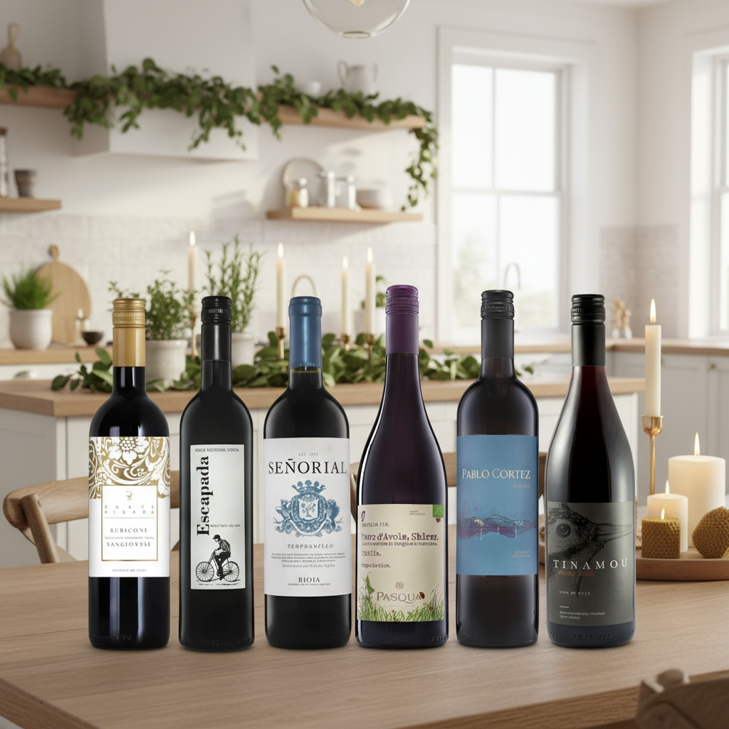 A Very Vegan Christmas 6 Bottle Wine Case on bright modern kitchen counter with natural festive décor.