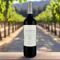 Volandas Merlot bottle on a wooden table in a Chilean vineyard